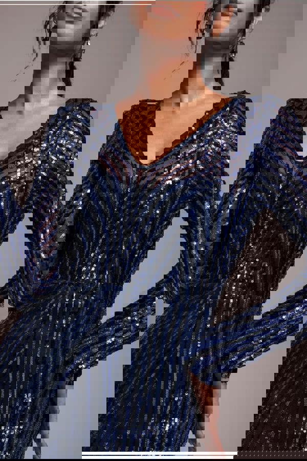 Two Toned V Neck Sequin Maxi - Navy DR3494