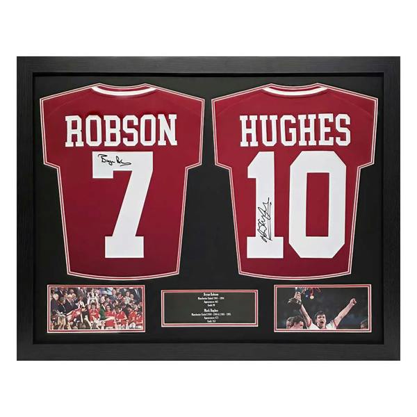 Unbranded Framed Bryan Robson & Mark Hughes signed Manchester United double Shirt display