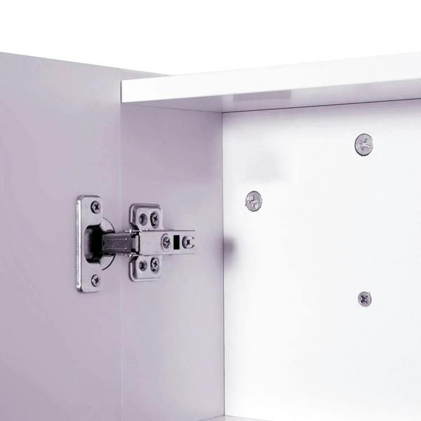 Close-up of soft-closing hinge hardware on a white bathroom cabinet door