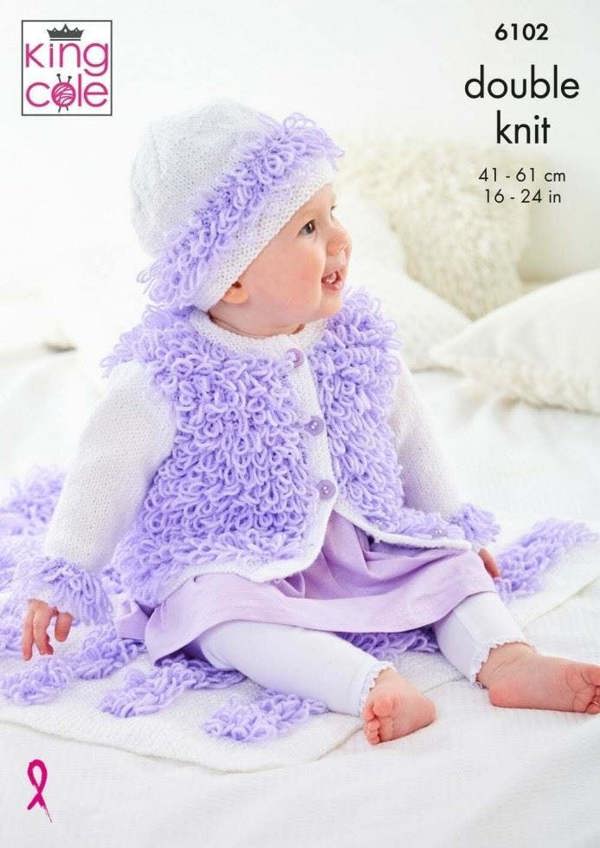 King Cole Big Value Baby DK Knitting Pattern 6102, Cardigans, Headwear, Blankets for Baby, Kids, 16 - 24 Inches