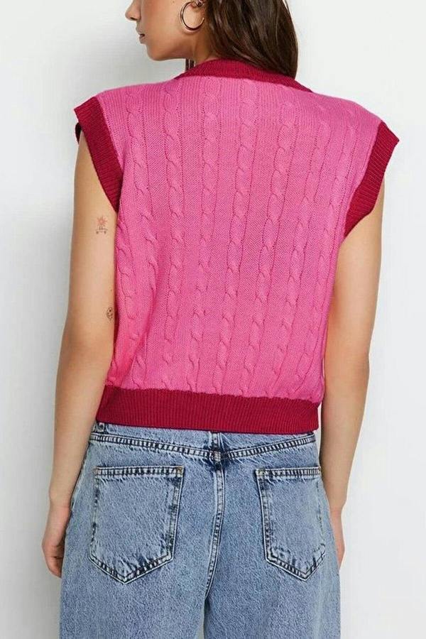 WOVCOR Crop Color-Block Hair Knit Sweater