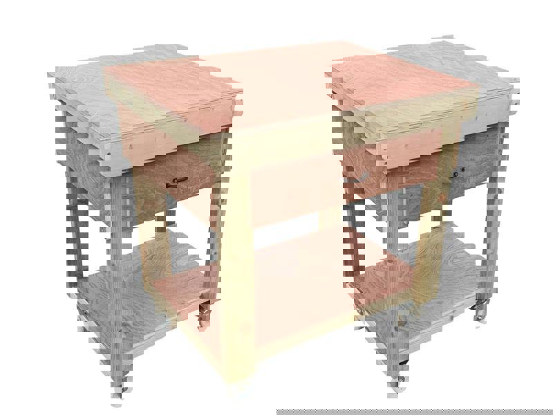 Wooden eucalyptus Top Workbench – Mobile Tool Cabinet with Drawers and Wheels, Ideal for Dry Indoor Spaces Such as Garages, Workshops, and Studios.