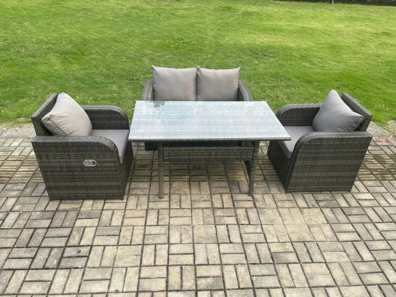 Fimous Rattan Garden Furniture 4 Piece Grey Patio Furniture Set Patio Conservatory 4 Seater Set Outdoor Rectangular Table and Chairs