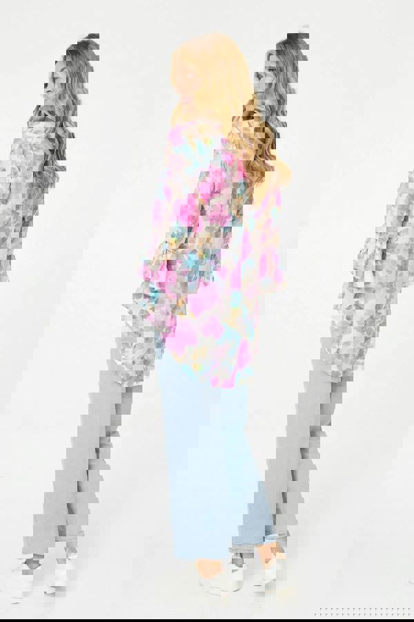 Pink | Floral Curve Hem 3/4 Flare Sleeve Blouse