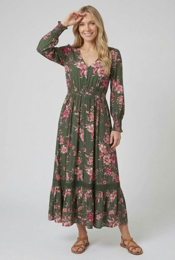 Izabel London Floral Long Puff Sleeve Maxi Dress