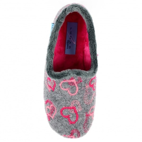 Lunar Womens Jolly Grey Heart Slippers - Grey/Pink