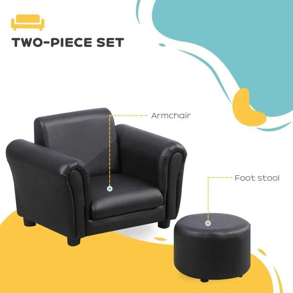 Black kids armchair and round footstool, two-piece set