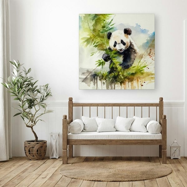 Warren Reed Panda Eating Bamboo Watercolour Canvas