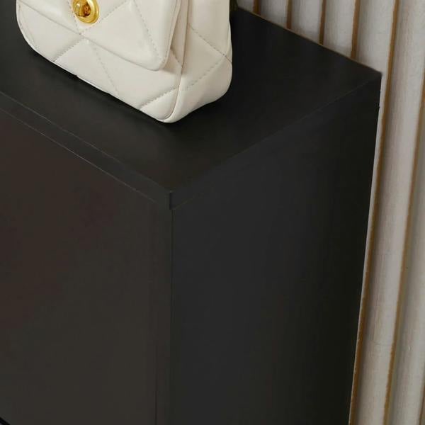 Black shoe cabinet with smooth sides and top surface, holding a white handbag