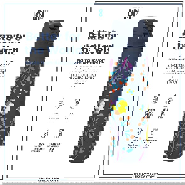 A water bottle, made from Recyclon™, sits against a white background. The bottle is dark blue with a colorful floral and bird design. It is described as carbon neutral, BPA free, odour resistant and dishwasher safe.