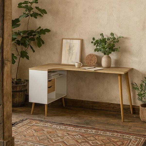 Wyld Haus Sapporo White and Natural Oak Desk 2 Drawer and Shelves