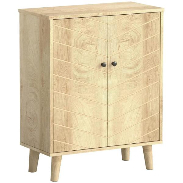 Natural wood storage cabinet with double chevron doors, round dark knobs, and pine legs