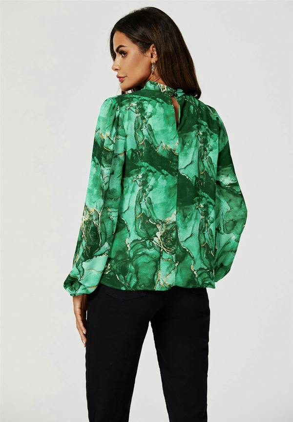 FS Collection Marble Print Long Sleeve High Neck Top In Light Green