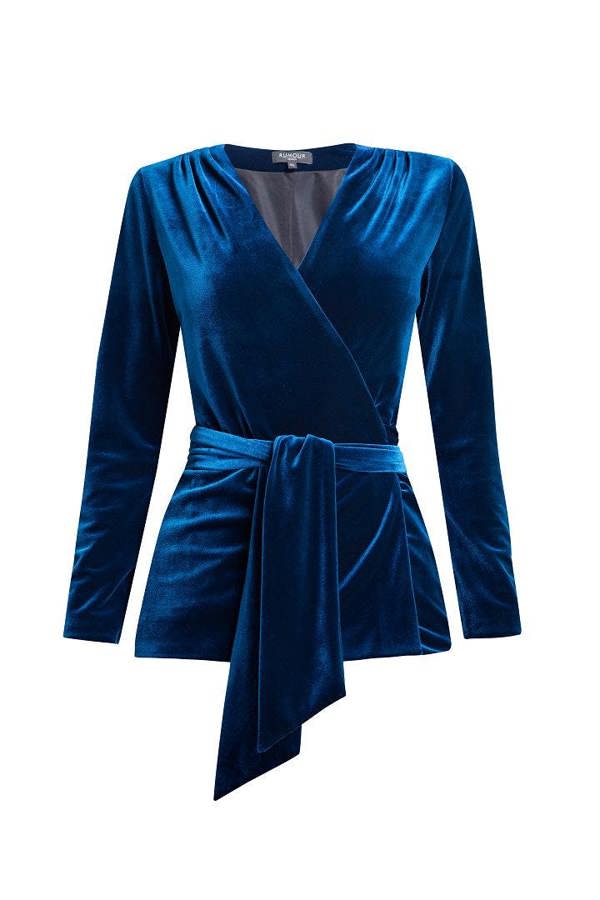 Rumour London Evelyn velvet wrap jacket with a self-tie sash in royal blue