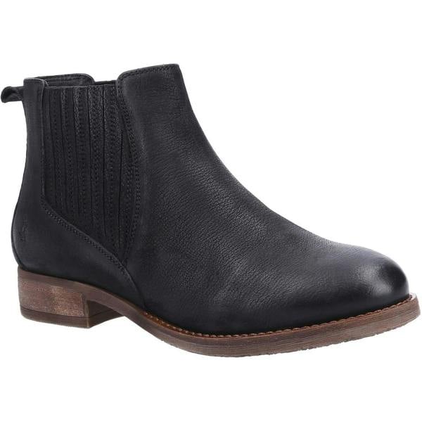 Hush Puppies Edith Womens Pull On Chelsea Dealer Ankle Boots, black leather ankle boots with elastic side panels and low stacked heel.