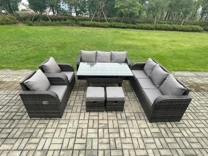 Fimous 10 Seater Lounge Rattan Garden Furniture Patio Set, Dining Table, Adjustable Chair, 3 Seater Sofa, 2 Small Footstools, Dark Grey Mixed