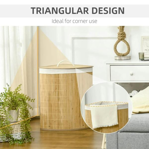 Triangular bamboo corner laundry hamper with lid and white lining, near home decor.