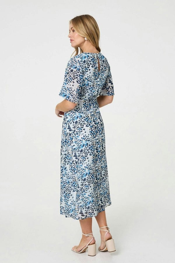 Blue | Animal Print Flared Sleeve Midi Dress
