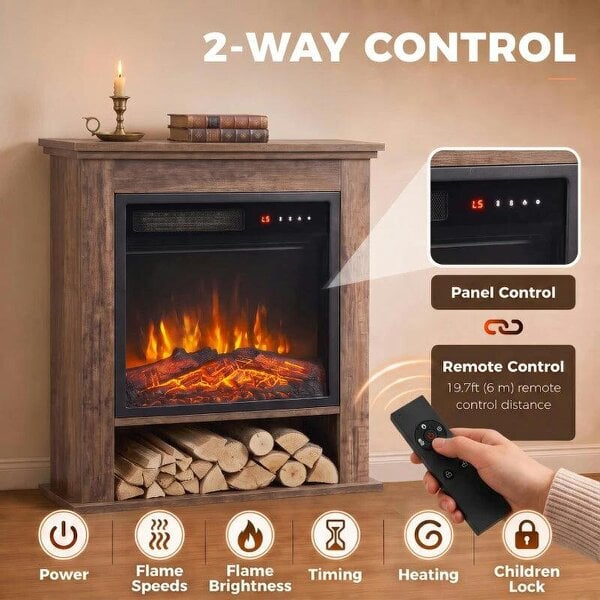 Electric Fireplace Suite with Shelf, 25" 1800W Electric Fire and Surround with LED Flame, 5 Brightness, Remote, Oak