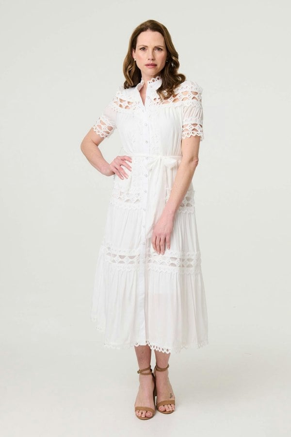 White | Lace Cut Out Detail Tie Waist Midi Dress
