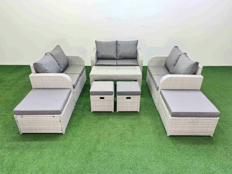 Fimous PE Wicker Rattan Furniture Sofa Sets with Oblong Coffee Table Love Sofa 4 Stools Light Grey Mixed