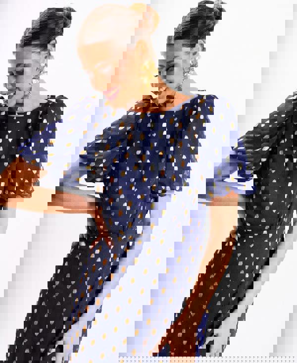 Navy Chiffon Foil Puff Sleeve Midi Dress