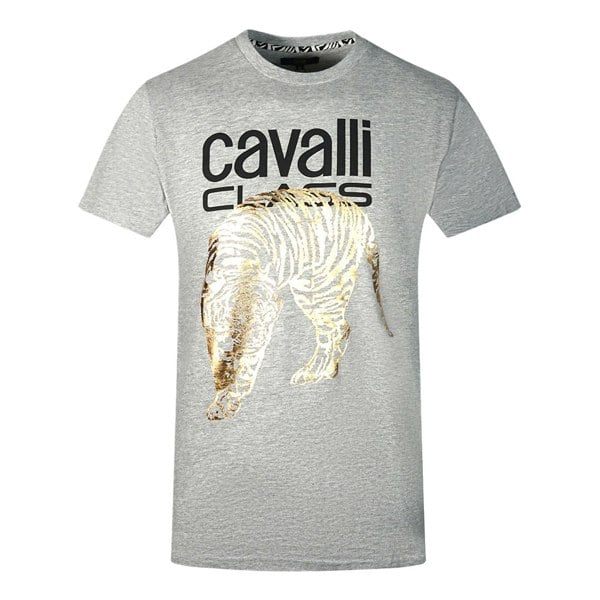 Cavalli Class Large Gold Tiger Stencil Logo T-Shirt - Grey