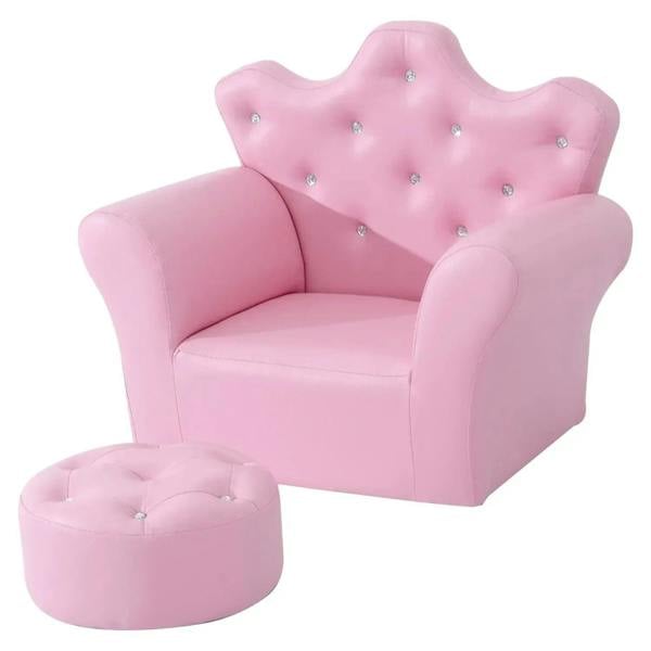 Pink kids armchair with tufted backrest and padded round footstool set