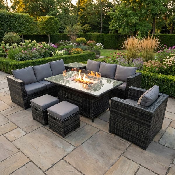 Fimous 9 Seater Rattan Garden Furniture Set with Gas Fire Pit Table, Corner Sofa, Arm Chair & 2 Footstools - Dark Grey