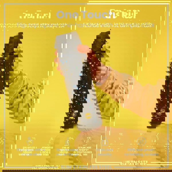 A black, celestial-patterned water bottle is being held; its flip top opens one-handed. The bottle is slim, stainless steel, leakproof, and features a triple lock security. "One Touch" and "Flip top opens one-handed with a simple click" are also present.