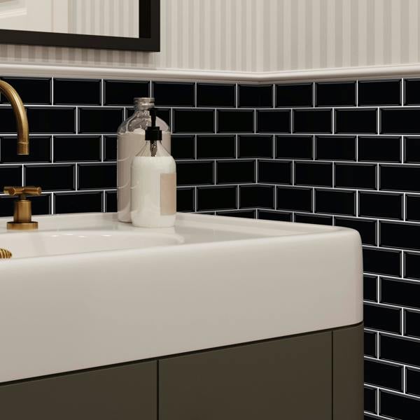 WT3D1807 - Black Metro Subway Glossy 3D Tile Sticker 30.5 x 15.4cm (12 x 6 in) - 20pcs in a pack