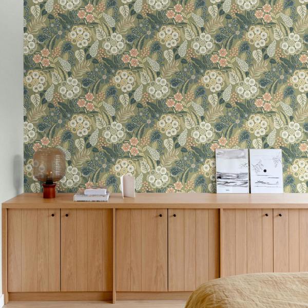 Grandeco Alice Retro Mid Century Floral Textured Wallpaper, Blue Green