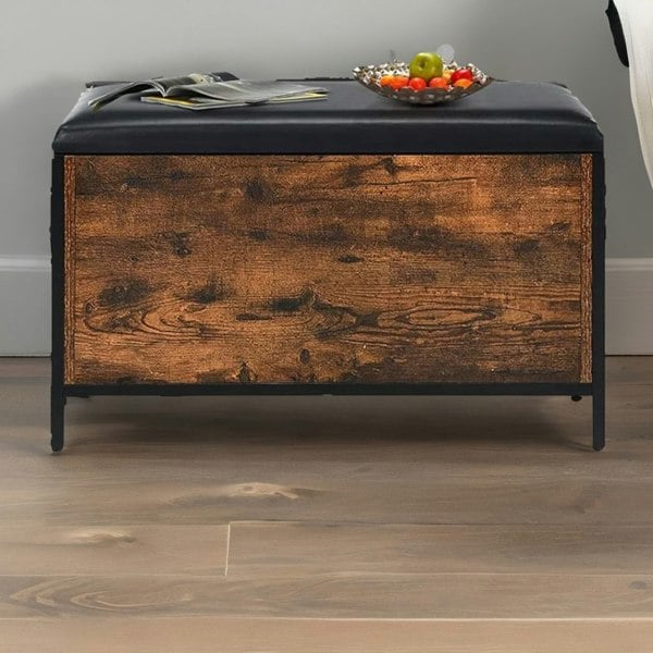 Rafaelo Mobilia Industrial Rustic Brown Shoe Storage Bench With Cushioned Seat & Hidden Storage