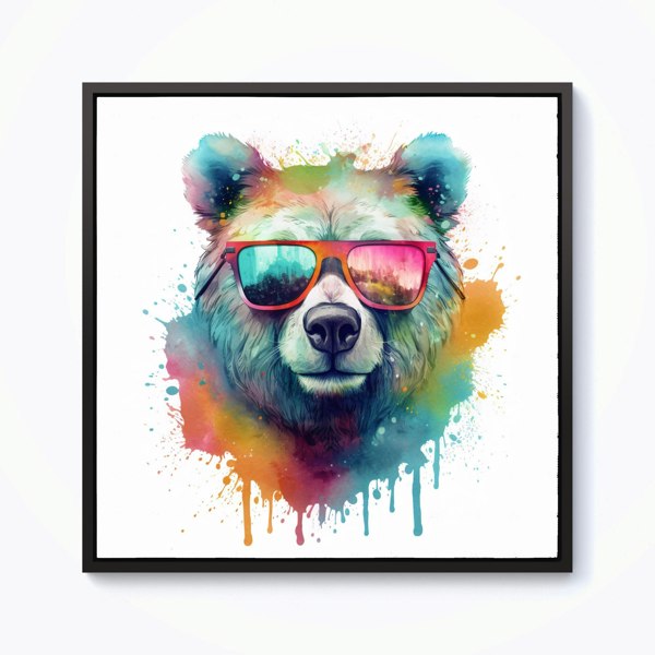 Warren Reed Splash Art Colourful Bear In Glasses Framed Canvas