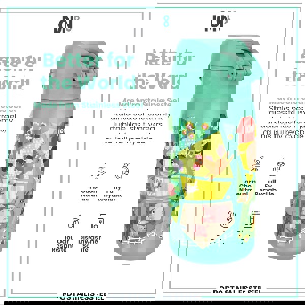 A teal stainless steel water bottle, featuring a farm animal design, sits against a white background. The bottle is described as durable, recyclable, and dishwasher safe.