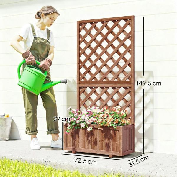 Freestanding wooden trough planter with trellis back panel and flower bed, brown