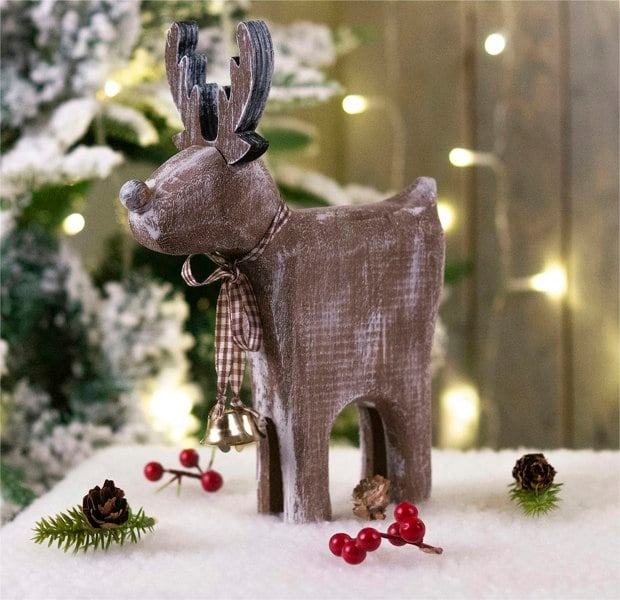 St Helens LIGHT BROWN  WOODEN REINDEER- BRUSHED SNOW EFFECT