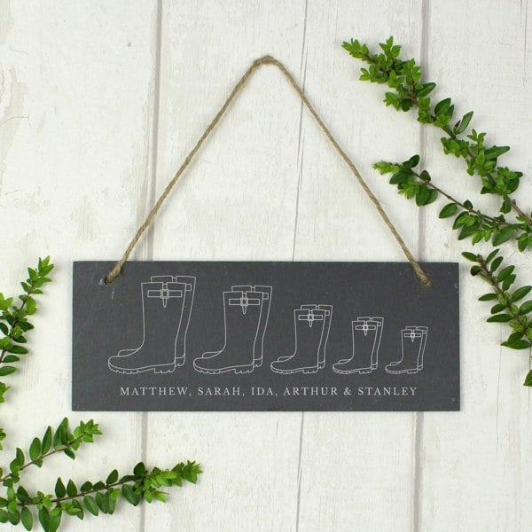 Personalised Memento Company Personalised Welly Boot Family of Five Hanging Slate Plaque