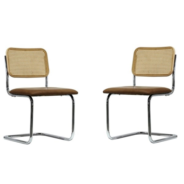 Furniture One Dining Chairs Set of 2, PU Upholstered Dining Room Kitchen Armchair with Cane Back and Metal Frame for Living Room, Bedroom