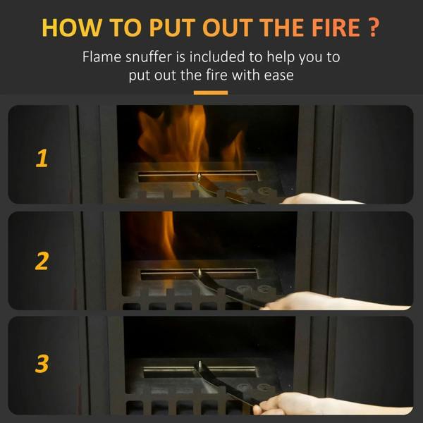 Black ethanol fireplace with snuffer tool placed on burner tray above the flames