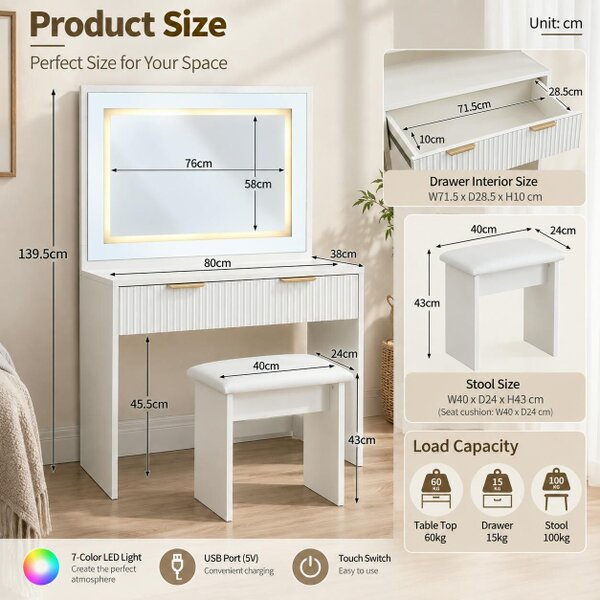 HOMEWEDO  Vanity Table with LED Mirror and Stool, with 7 Colour Lights & USB Port-W80 x D38 x H139.5 CM