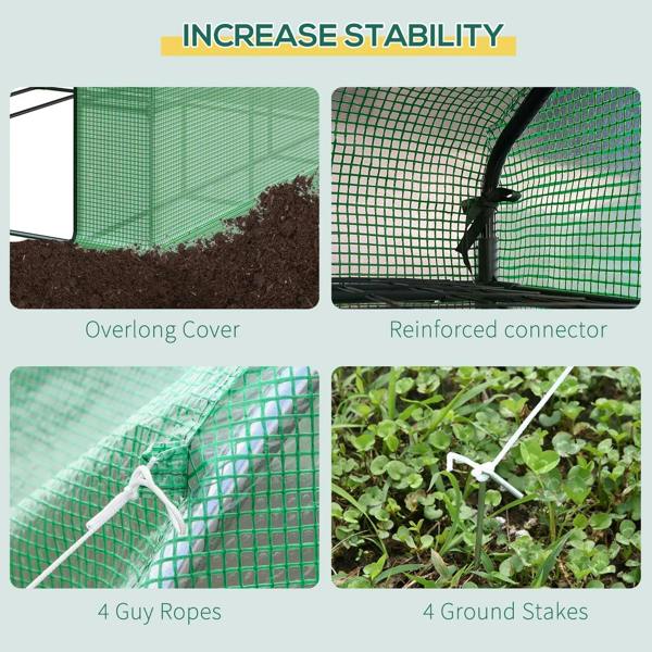 Portable greenhouse accessories: guy ropes and ground stakes with reinforced green cover
