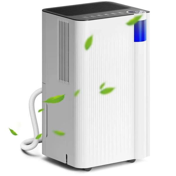 White dehumidifier with filter, rectangular cabinet with top vent and connected drain hose