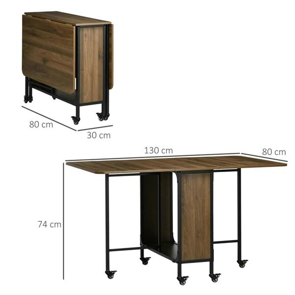 Brown drop-leaf dining table shown folded on black caster base