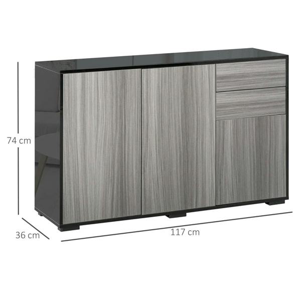 Light grey side cabinet with two doors and two drawers, black frame, front view with dimensions