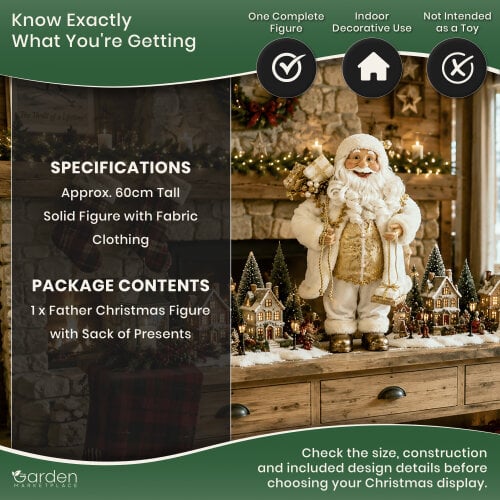 Standing Father Christmas Figure with Sack of Presents, White Santa Style Decoration, Free Standing Festive Ornament, 60cm Tall