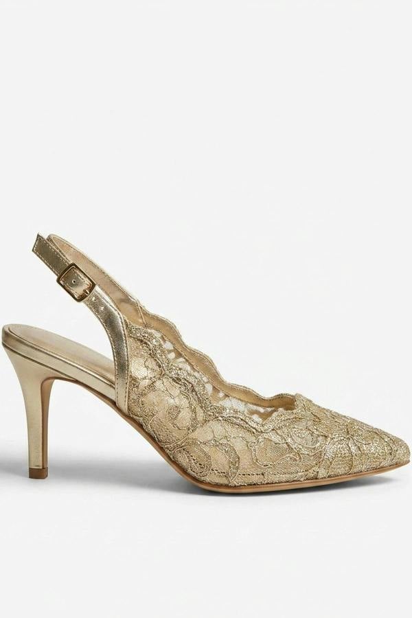 Saoirse Pointed Toe Lace Slingback Heels - Gold