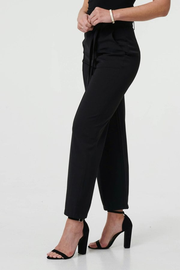 Black | Tie Front High Waist Straight Trousers
