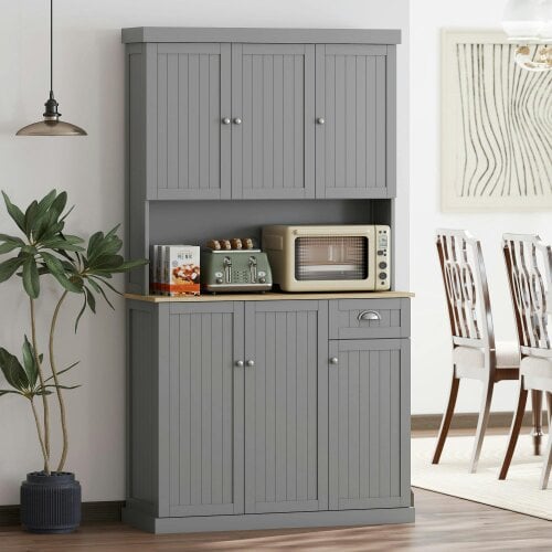 Wyld Haus Ririlo Wooden Grey 180 cm Tall Kitchen Storage Cabinet With OFauxn Counter Drawers And 6 Doors
