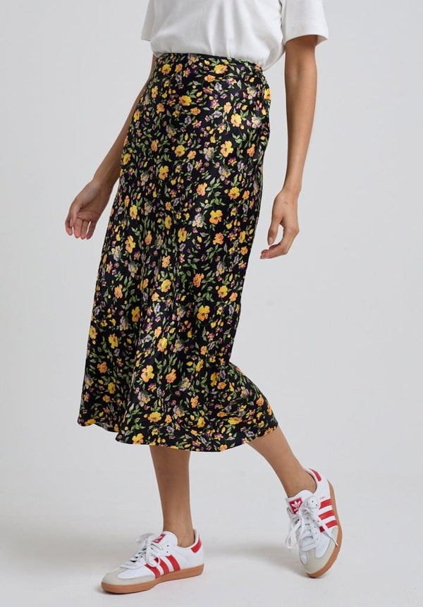 Floral Printed Midi Skirt with black base and bright flowers